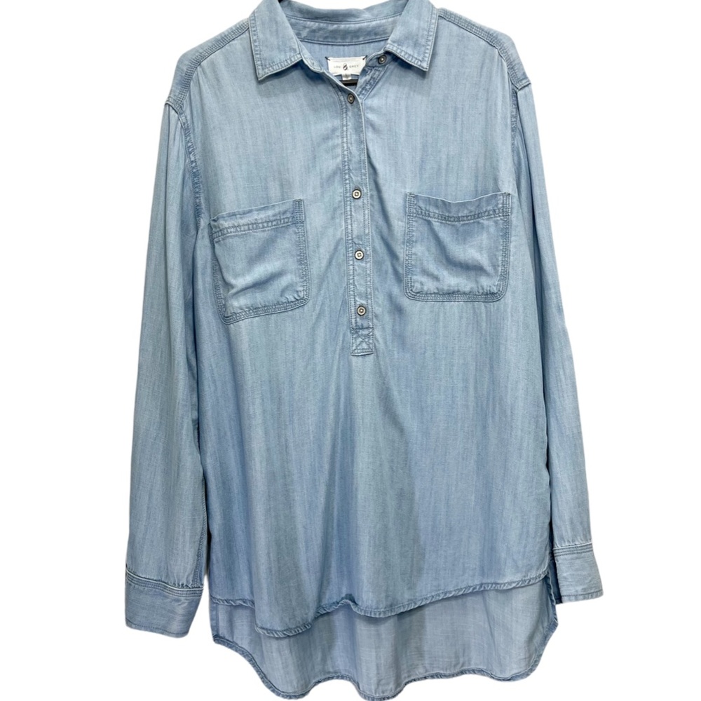 Lou & Grey Chambray Blue Button Down Top Shirt Long Sleeves Lyocell Women Large